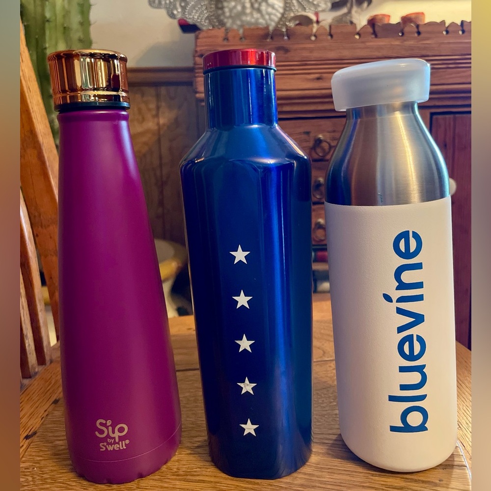 3 BRAND NEW Water Bottles:  Purple Sip by Swell, Americana Corkcicle, & bluevine